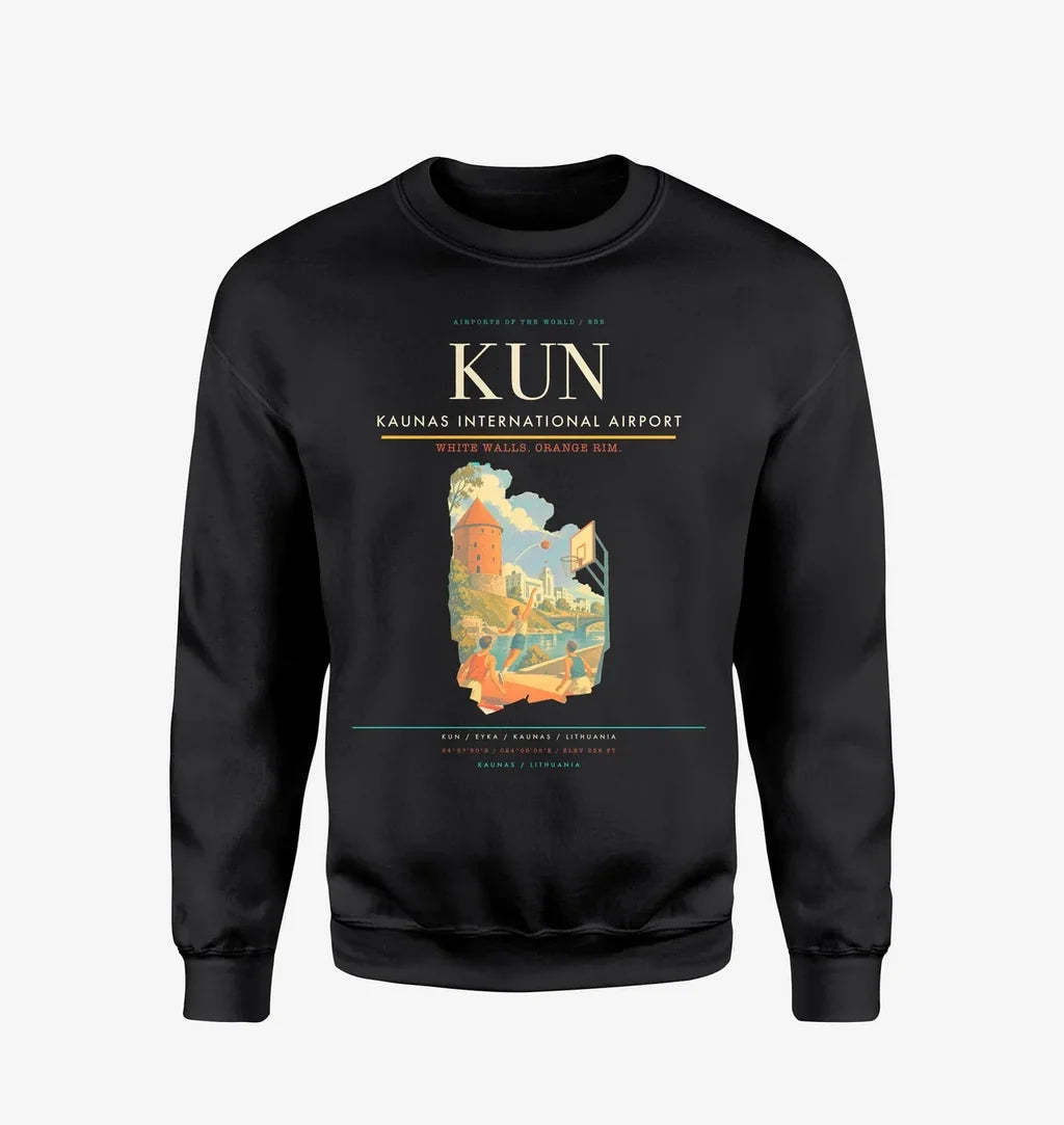 Kaunas International Airport (KUN) design on black sweatshirt