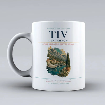Tivat Airport (TIV) airport code design on white ceramic mug