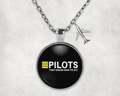 Side view of Pilots They Know How To Fly aviation necklace in stainless steel, polished finish.