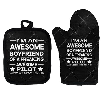 I am an Awesome Boyfriend Kitchen Glove & Holder aviation design on durable fabric with insulated lining kitchen glove holder.