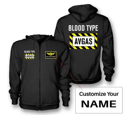 Blood Type AVGAS aviation design on soft cotton blend zipped hoodie.