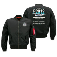 Thumbnail for Tecnam P2012 Traveller design on black bomber jacket, double-side print