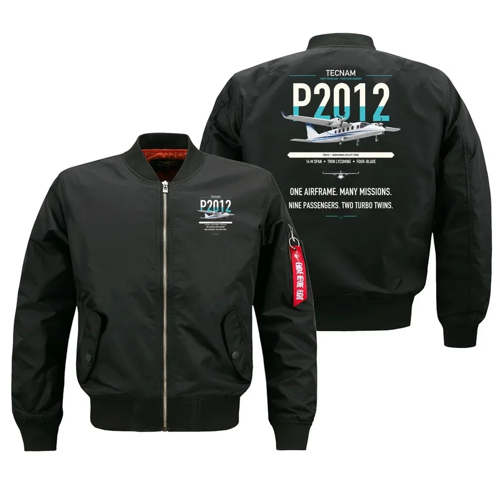Tecnam P2012 Traveller design on black bomber jacket, double-side print