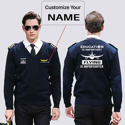 Flying is Importanter aviation design on premium wool blend wool pilot sweater.