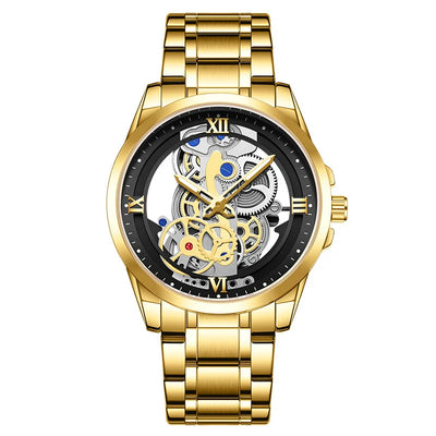 Night Light Skeleton Quartz Wristwatch aviation watch, stainless steel body with engraved detail.