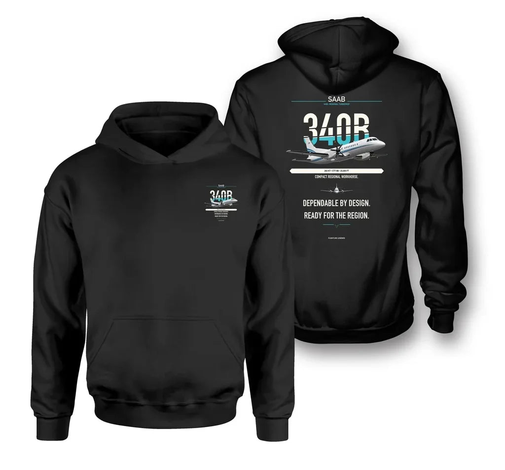 Saab 340B design on black hoodie