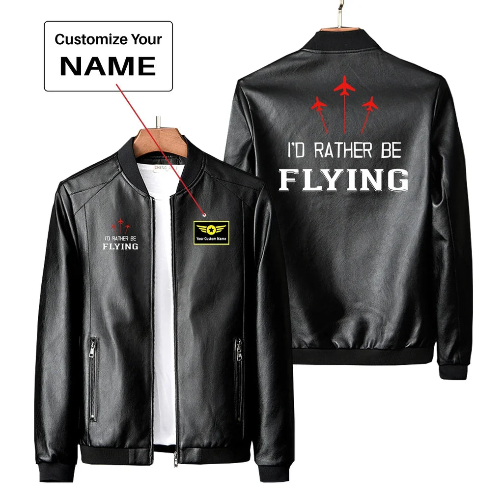 I'D Rather Be Flying PU aviation design printed on genuine leather with quilted lining leather jacket.