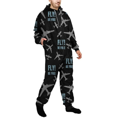 Fly Be Free Black Jumpsuit for Men & Women aviation design on soft cotton blend jumpsuit.
