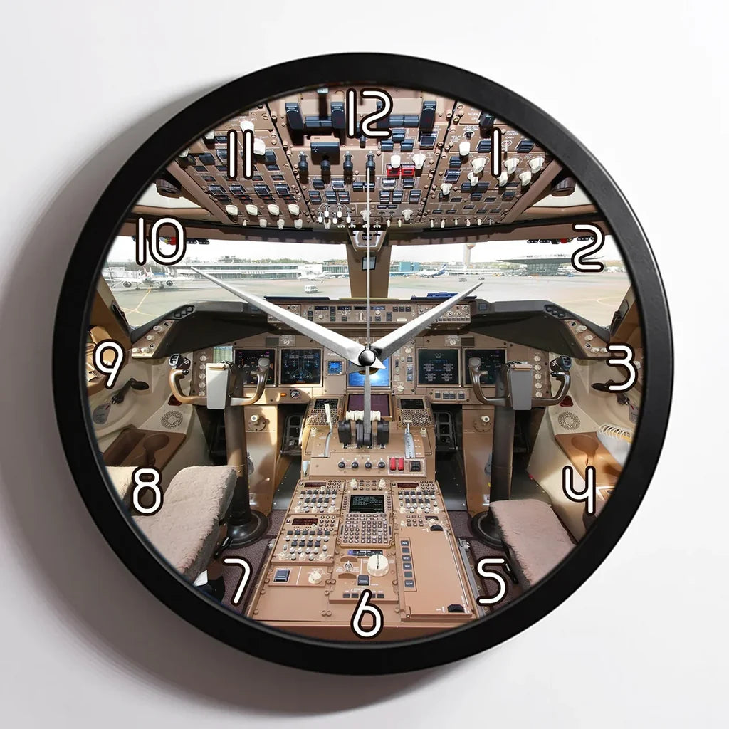 Boeing 747 Cockpit aviation design on premium wood and metal wall clock.