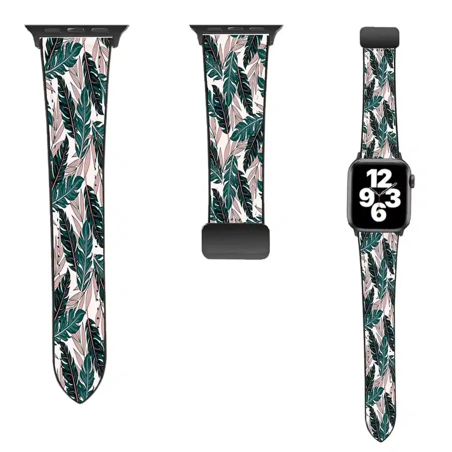Seamless Palm Leafs leather apple watch band