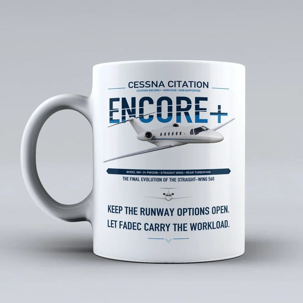 Cessna Citation Encore+ design on white ceramic mug, double-side print