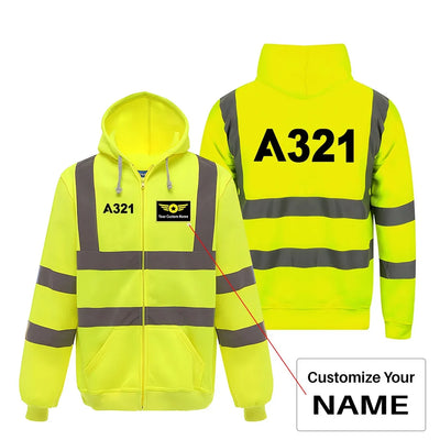 Airbus A321 Flat Text aviation design on cotton blend with reflective panels reflective zipped hoodie.