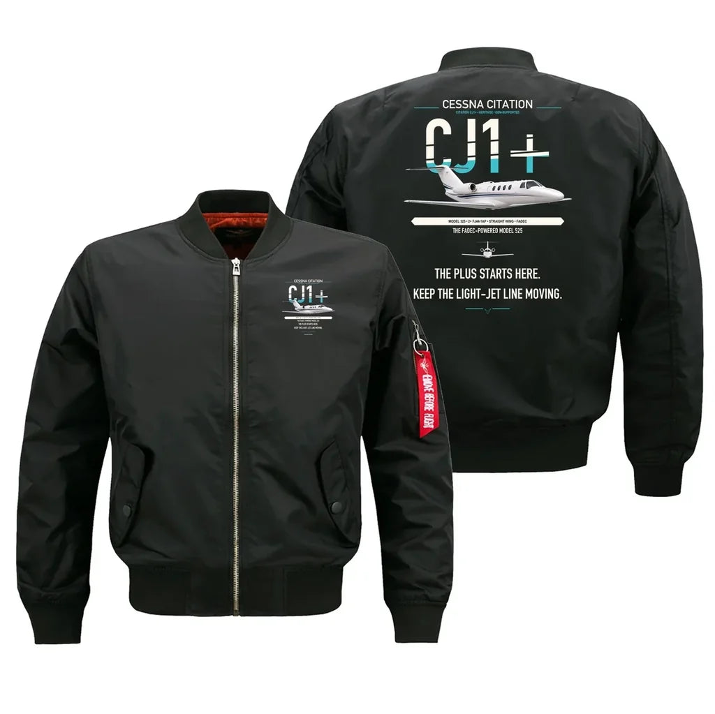 Cessna Citation CJ1+ design on black bomber jacket, double-side print