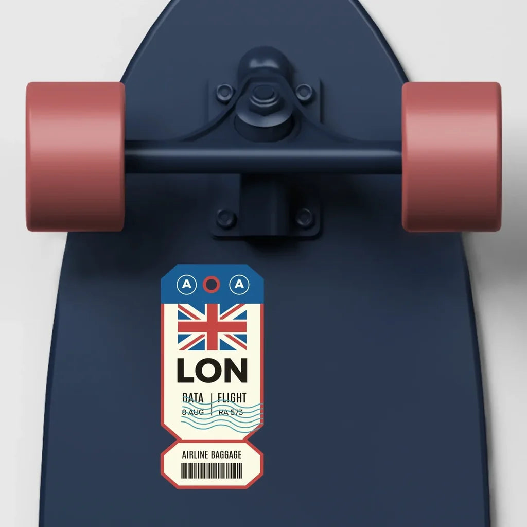 London Airplane Boarding Pass aviation design sticker in weather-resistant vinyl.