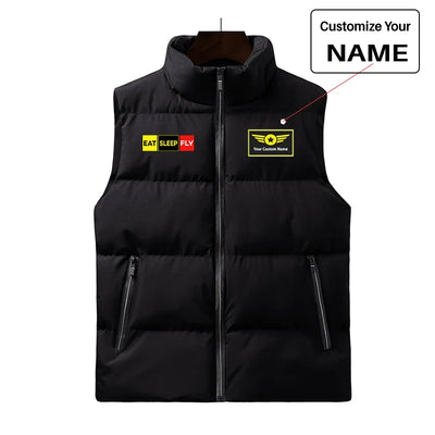 Eat Sleep Fly (Colourful) aviation design printed on quilted padding with sleeveless design puffy vest.