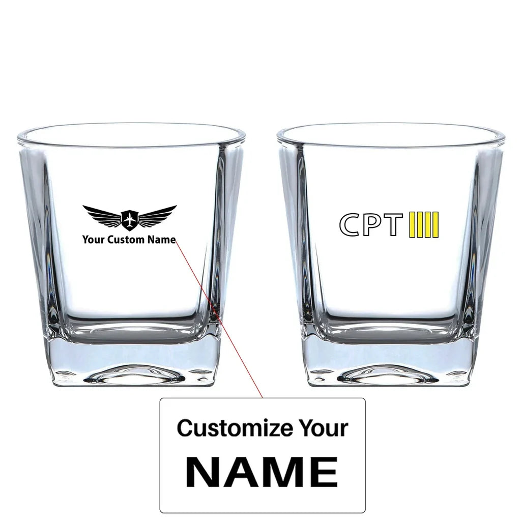 CPT & 4 Lines aviation design on whiskey glass, crystal-clear premium glassware.
