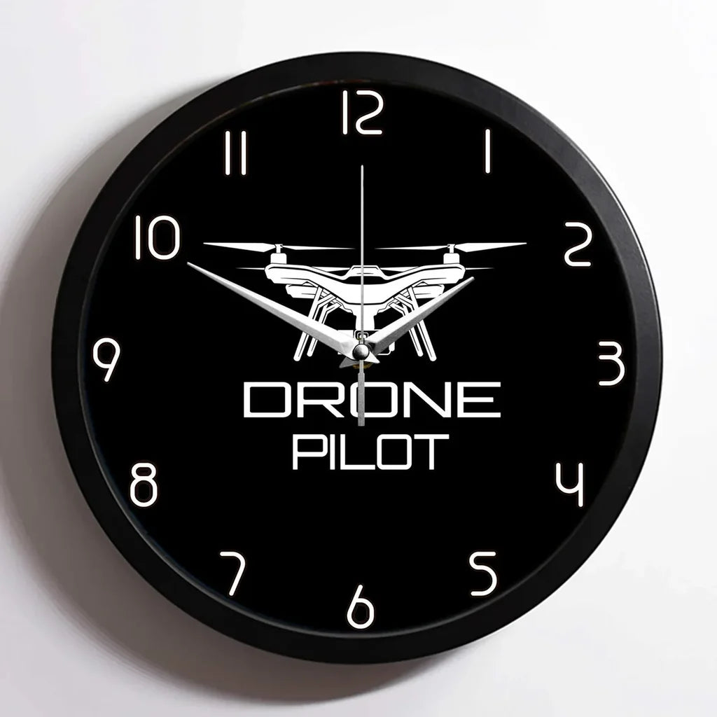 Drone aviation design on premium wood and metal wall clock.
