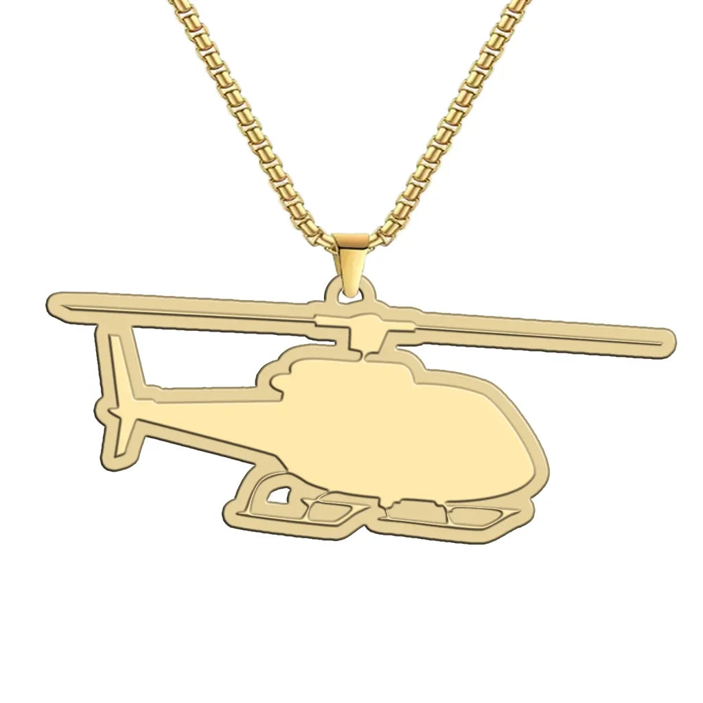 Helicopter aviation hollow necklace, polished metal body with engraved detail.