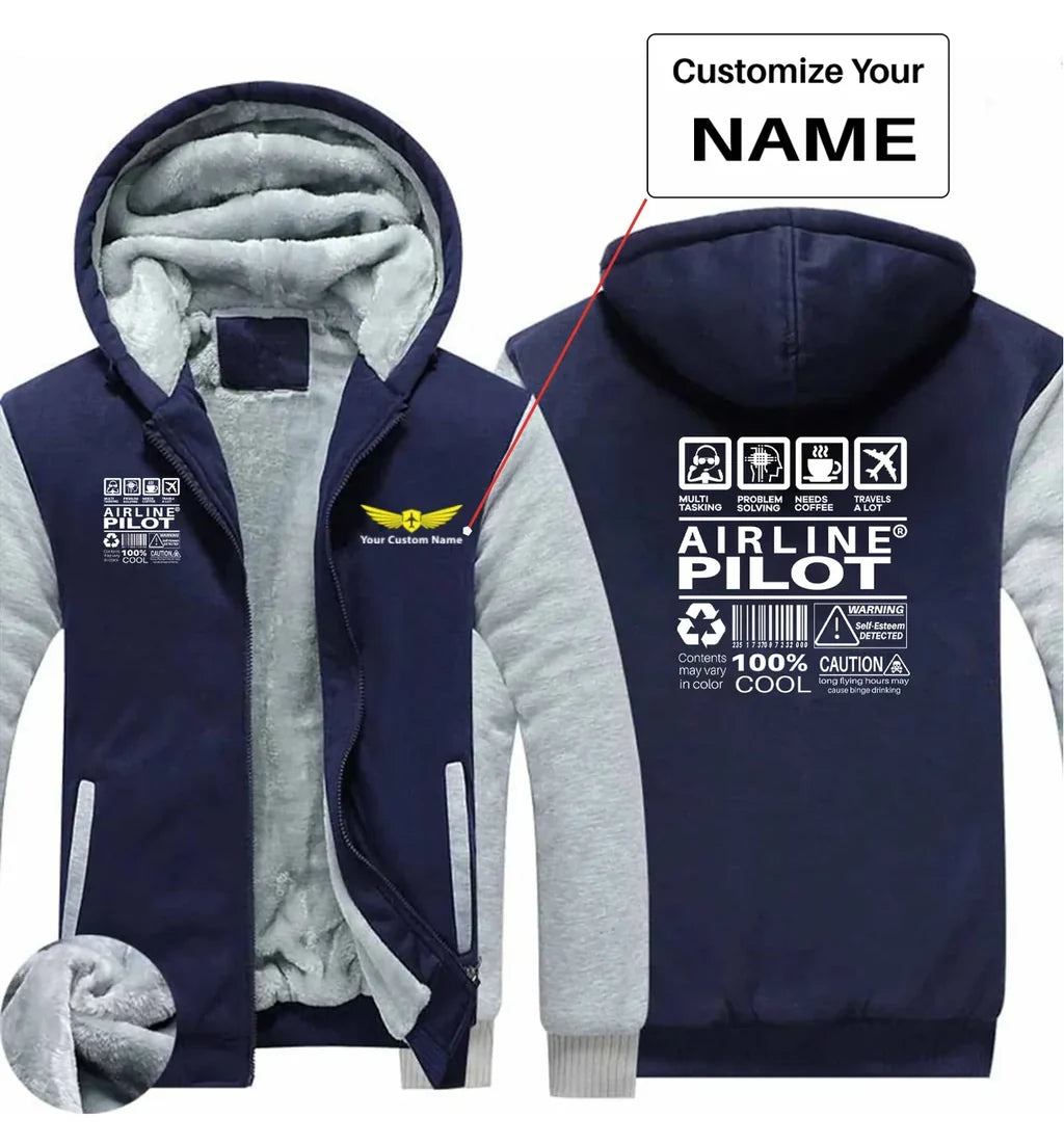 Airline Pilot Label aviation design printed on soft cotton blend zipped sweatshirt.