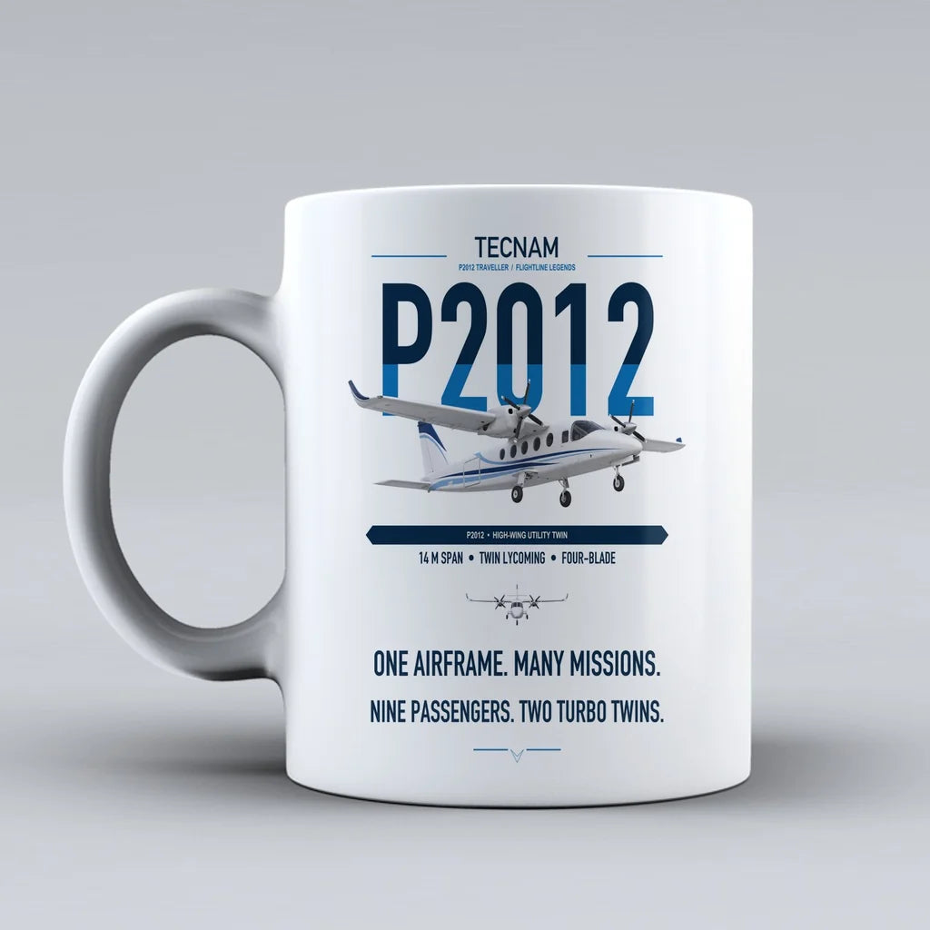 Tecnam P2012 Traveller design on white ceramic mug, double-side print