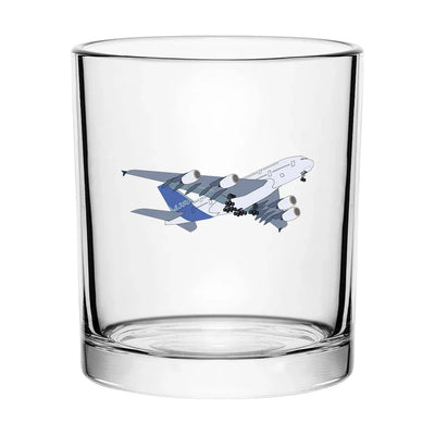 Colourful Airbus A380 aviation design on whiskey glass, special-edition crystal cut.