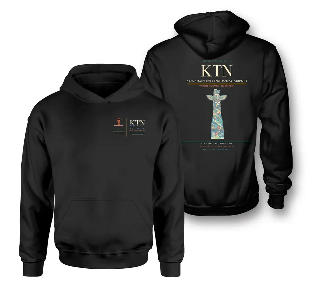 Ketchikan International Airport (KTN) design on black double-side hoodie