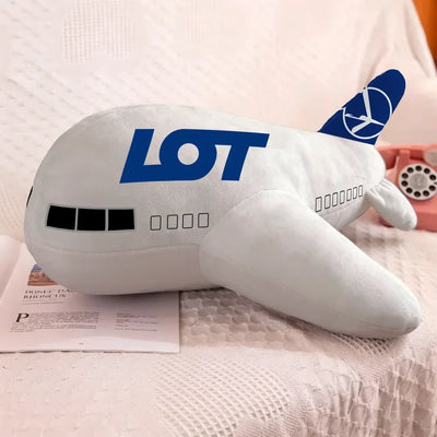 LOT Polish Airlines aviation design on soft polyester filling airplane-shape decorative pillow.
