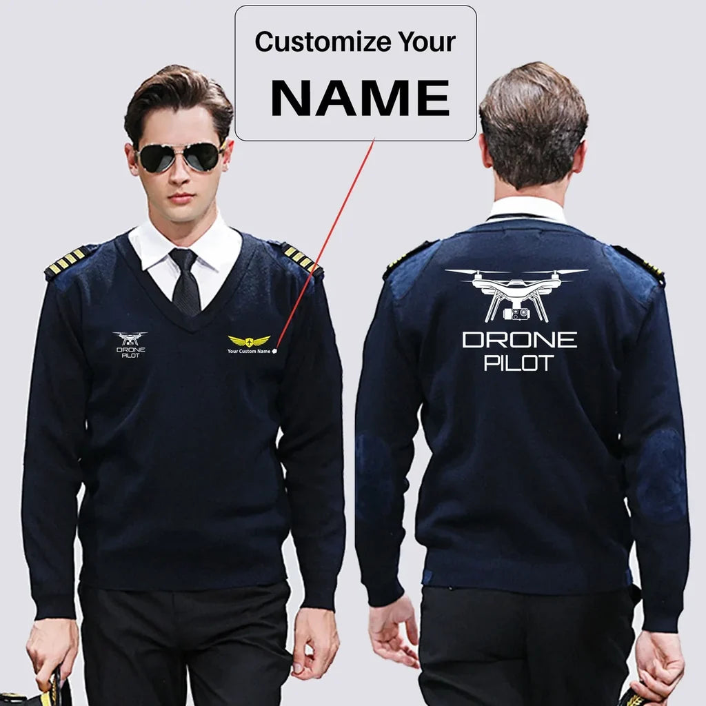 Drone aviation design on premium wool blend wool pilot sweater.