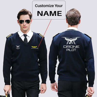 Drone aviation design on premium wool blend wool pilot sweater.