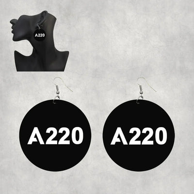 Side view of Airbus A220 Flat Text aviation drop earrings in wood with metal hooks, polished finish.