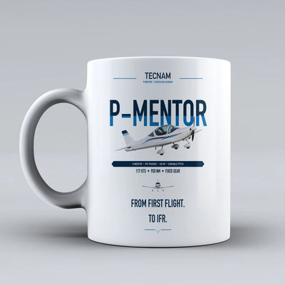 Tecnam P-Mentor design on white ceramic mug, double-side print