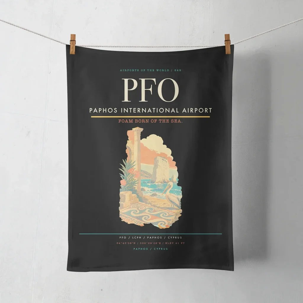 Paphos International Airport (PFO) design on black towel