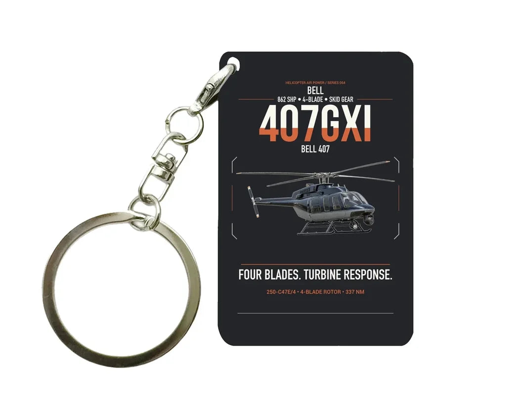 Bell 407GXi design on black designed key chain, double-side print