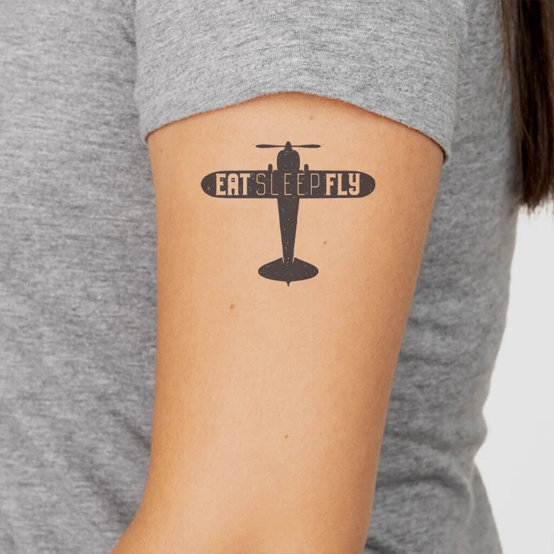 Eat Sleep Fly & Propeller aviation temporary tattoo in skin-safe adhesive paper.