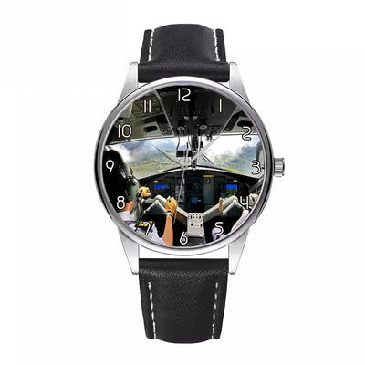 Fantastic Cockpit Shot aviation watch with leather strap, leather strap body with engraved detail.