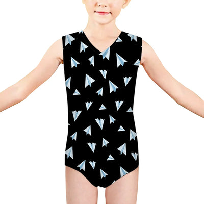 Paper Airplanes (Black) aviation print on kids quick-dry fabric swimsuit.