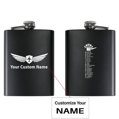 Aviation Alphabet aviation design on stainless hip flask, compact pocket-size flask.