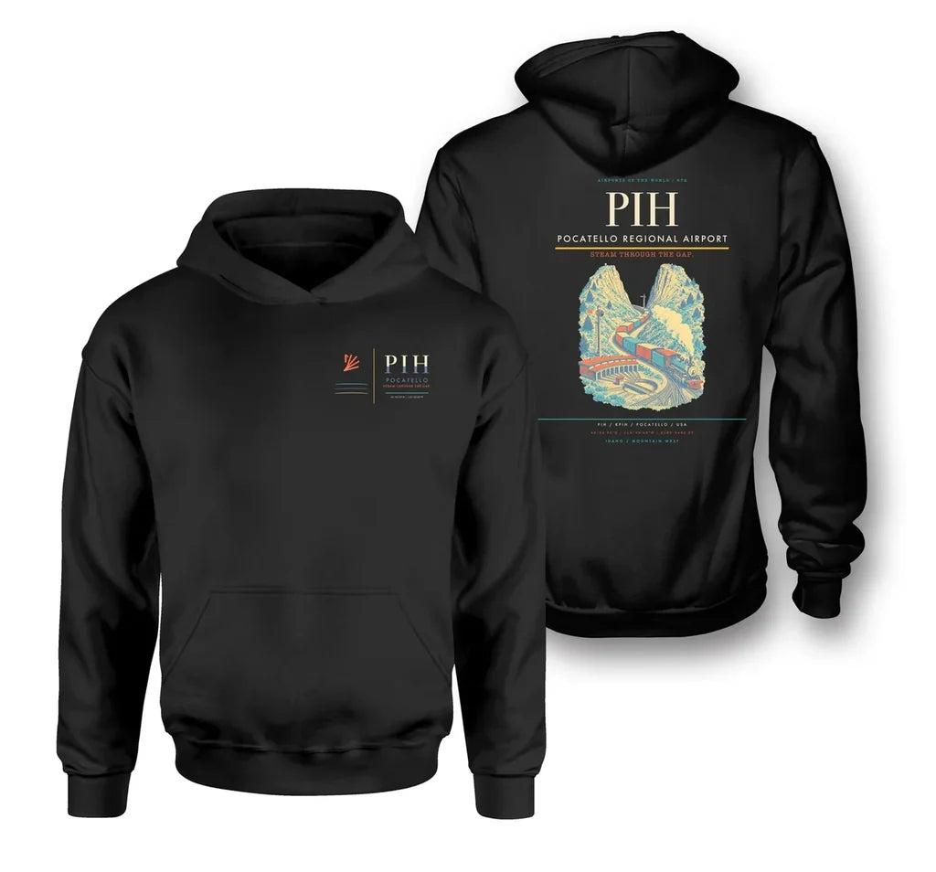 Pocatello Regional Airport (PIH) design on black double-side hoodie