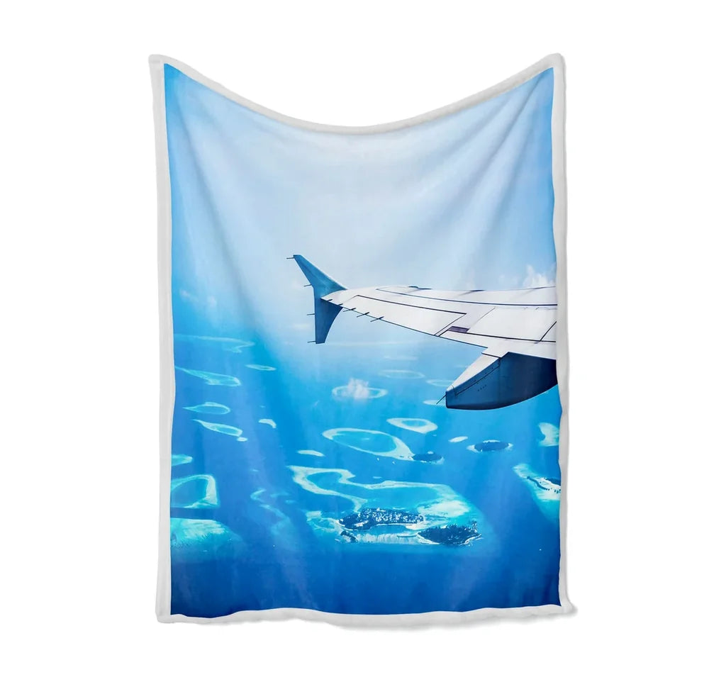 Outstanding View Through Airplane Wing Bed Blankets & aviation print on soft fleece blanket.