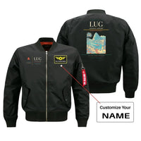 Thumbnail for Lugano Airport (LUG) design on black bomber jacket with custom name patch