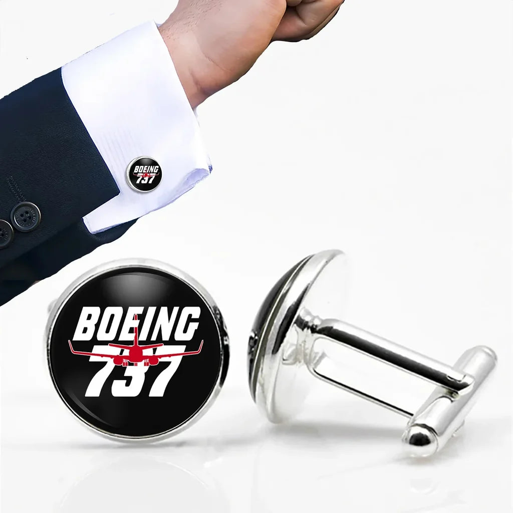 Side view of Amazing Boeing 737 aviation cuff links in polished metal, polished finish.