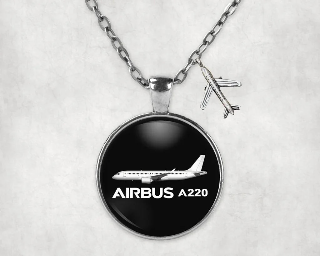 The Airbus A220 aviation necklace, stainless steel body with engraved detail.