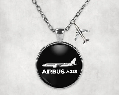 The Airbus A220 aviation necklace, stainless steel body with engraved detail.