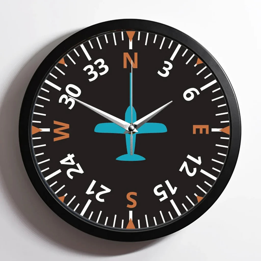 Airplane Instruments (Heading) 2 aviation design on premium wood and metal wall clock.