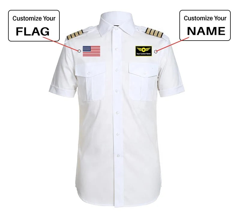 Custom Flag & Name with "Special Badge" aviation design printed on crisp poplin cotton pilot uniform shirt.
