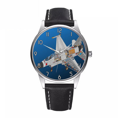 Graphical Fighter Jet 16 aviation watch with leather strap, leather strap body with engraved detail.