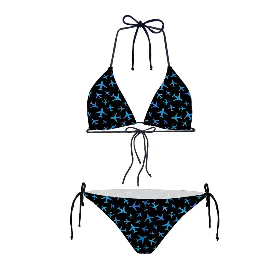 Many Airplanes Black aviation design on stretch swim fabric triangle bikini.