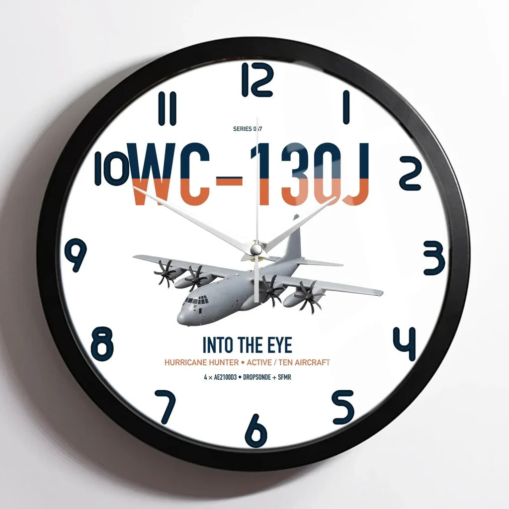 WC-130J Hurricane Hunter design on white framed wall clock