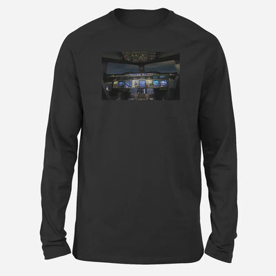 Airbus A380 Cockpit Long-Sleeve aviation design printed on soft cotton long-sleeve T-shirt.
