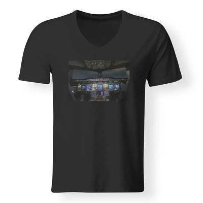 Airbus A380 Cockpit aviation design printed on soft cotton V-neck T-shirt.